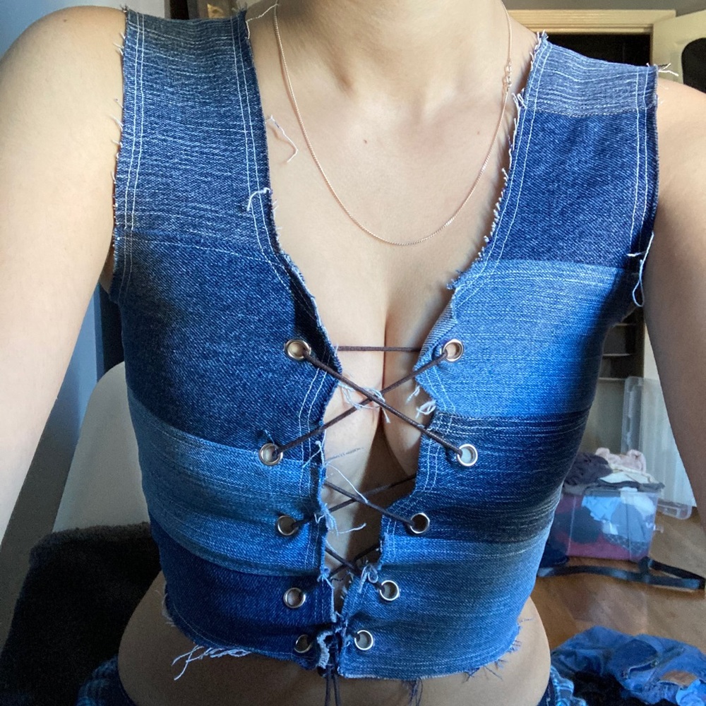 Denim corset lace up top
